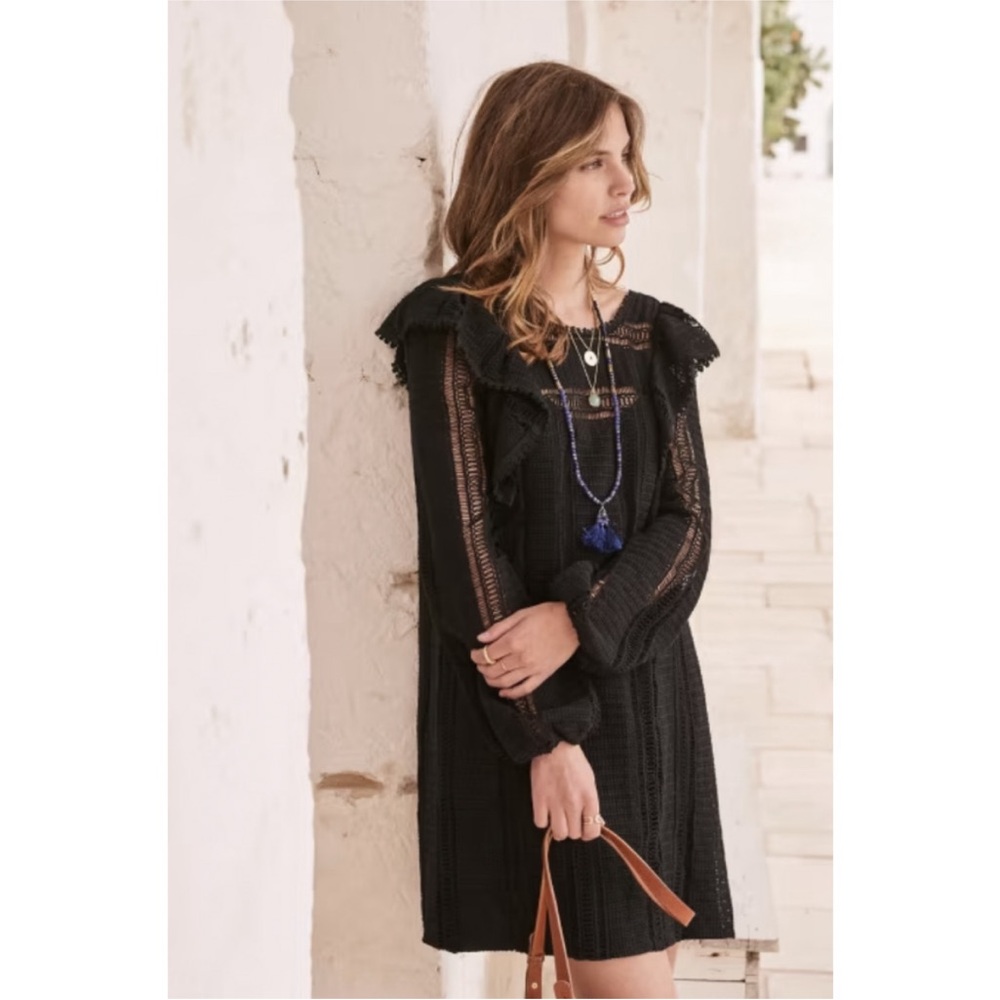 Sezane black lace ruffle long sleeve dress 40